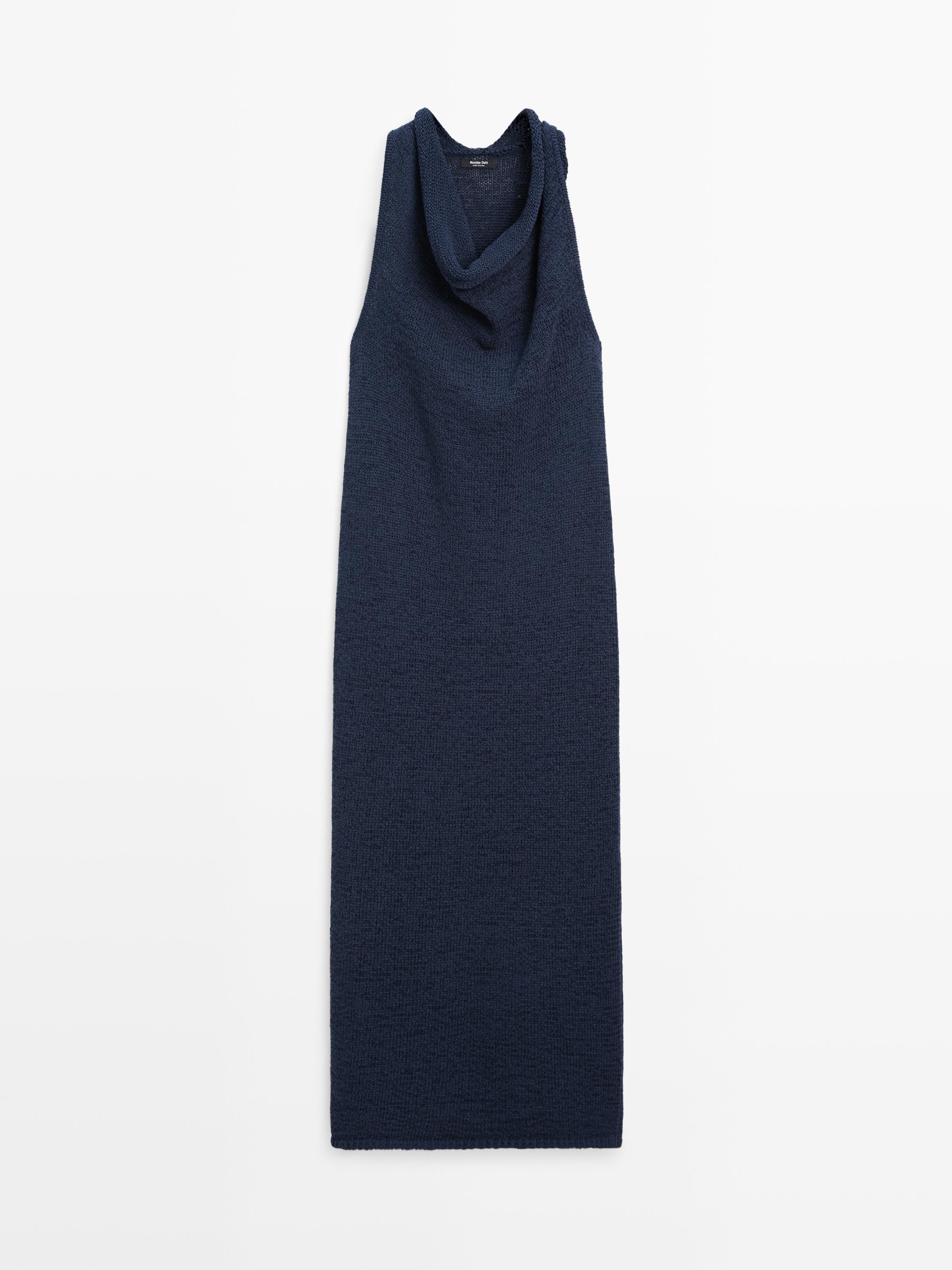Knit midi dress with draped neckline